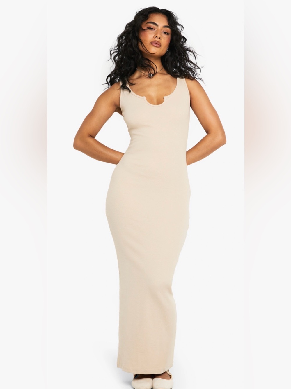 Boohoo Beige Scoop-Neck Ribbed Maxi Dress